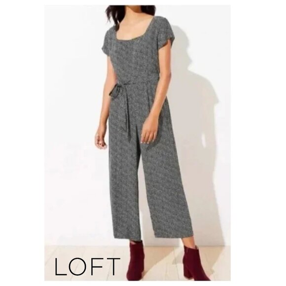 Loft Black White Heart Print Short Sleeve Tie Waist Summer Crop Jumpsuit - Picture 1 of 9